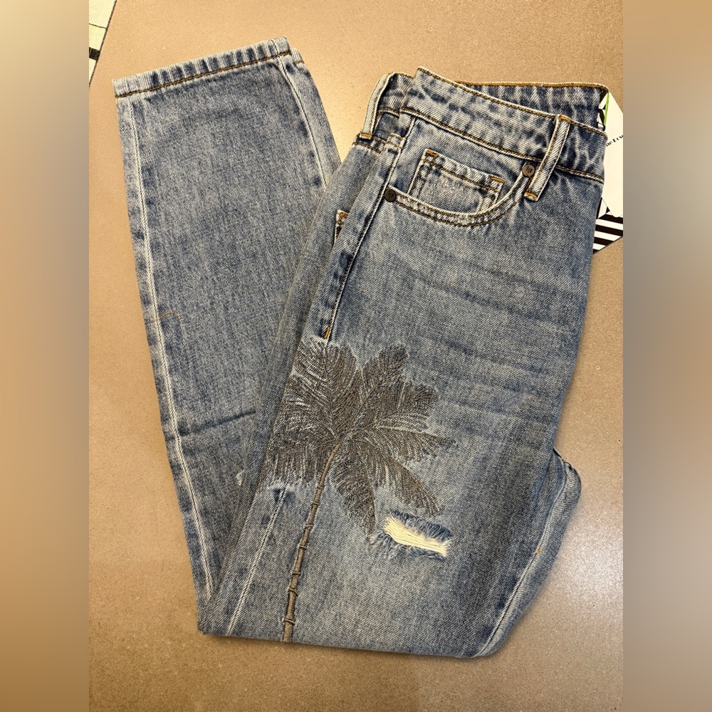 Free People Sandrine Rose denim jeans Palm Tree Embroidered size 26 NWT